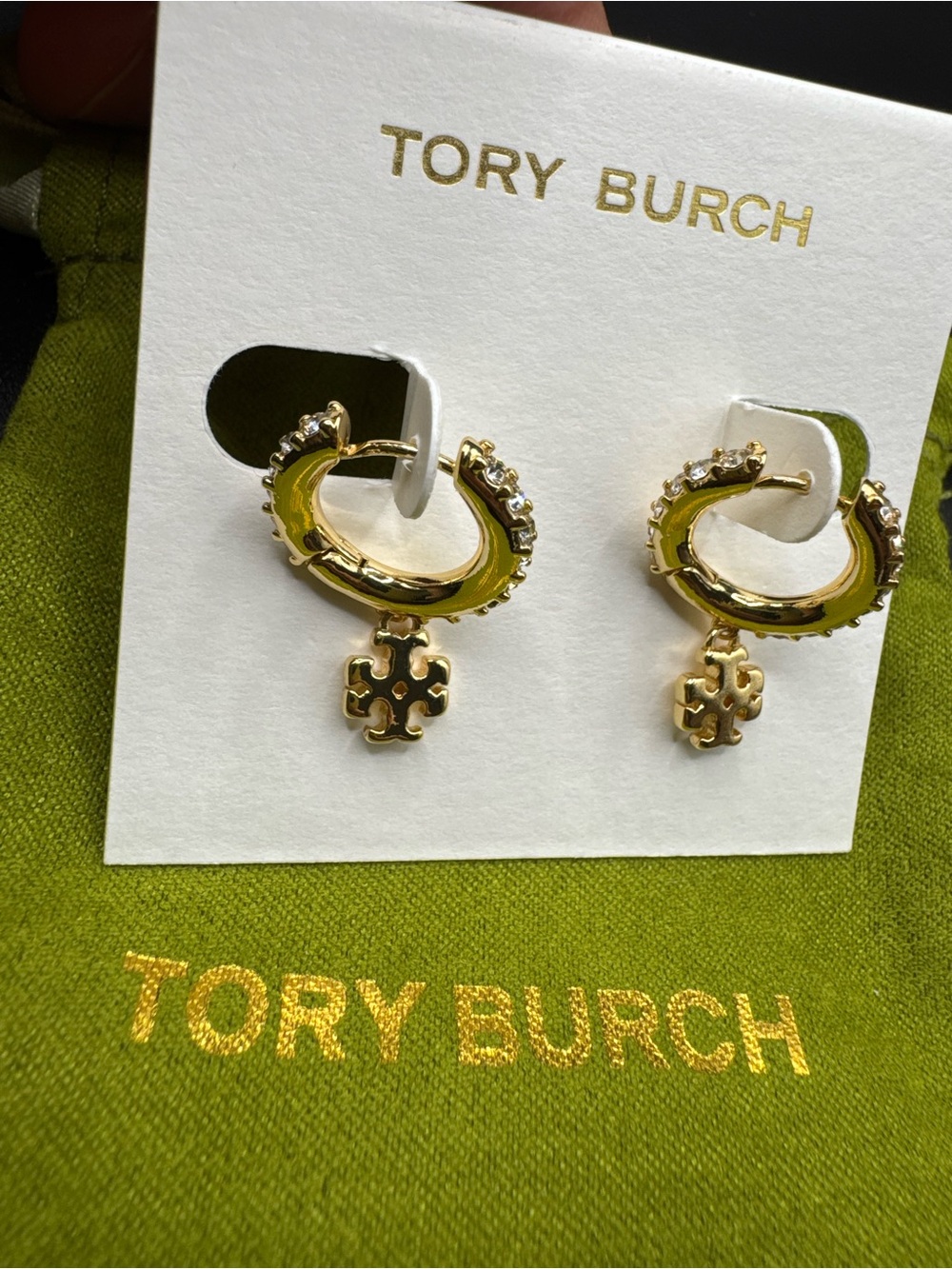 Tory Burch Gold Logo Hoop Earrings with Crystal Accents